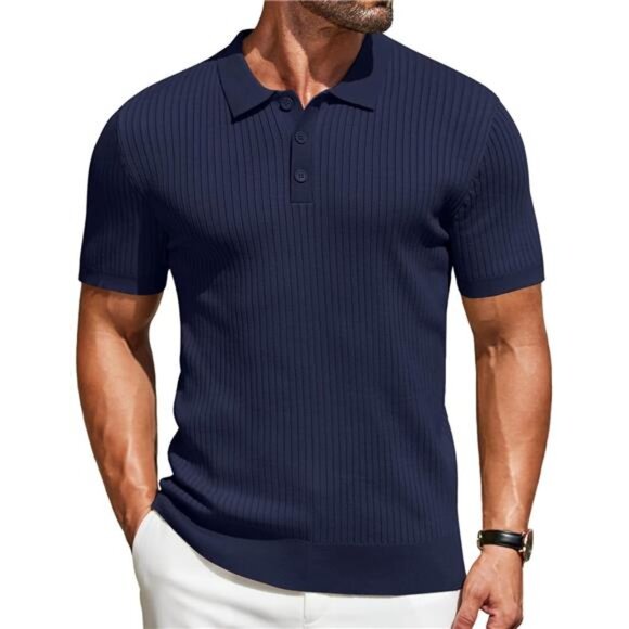 Mens Knit Polo Shirts Short Sleeve Navy Blue